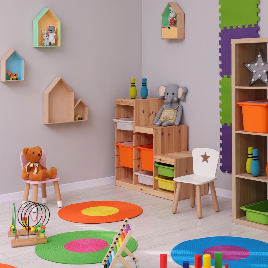 Tidy playroom with labeled toy bins
